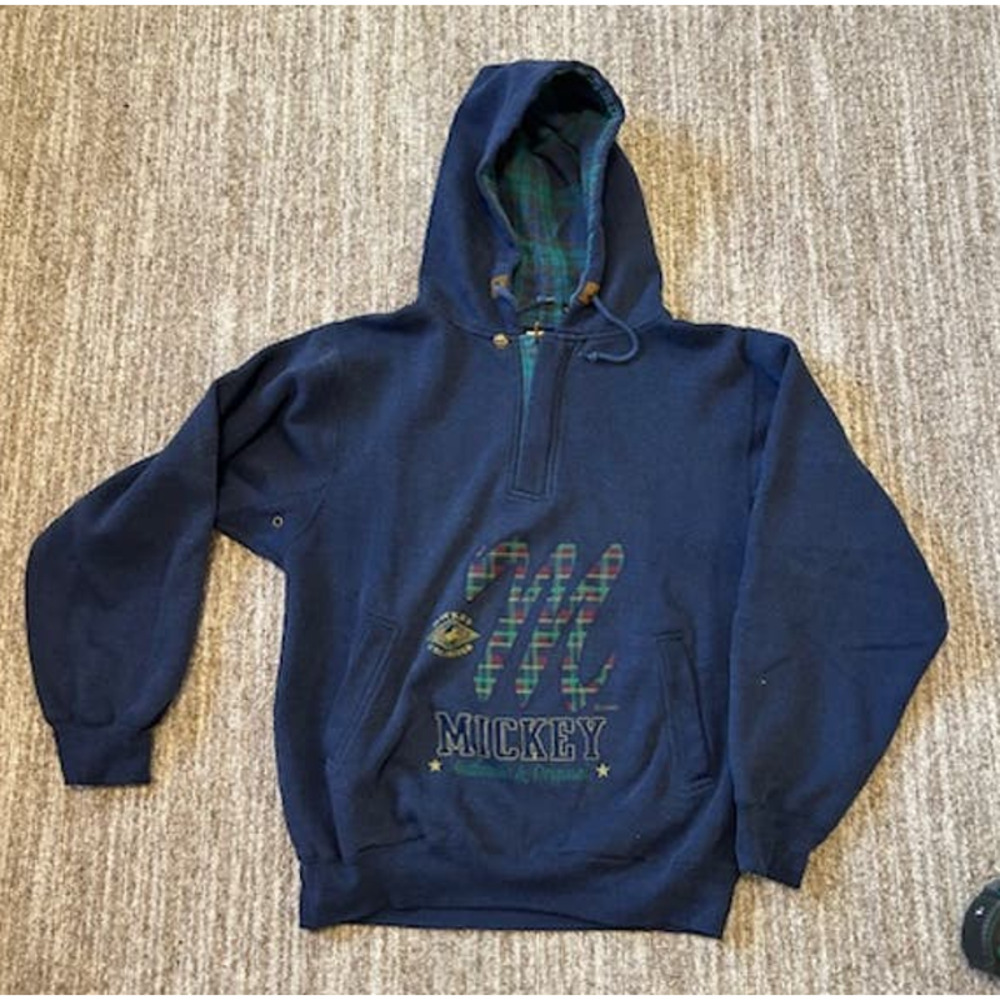 Mickey Unlimited 3/4 Zip Navy Blue with Plaid Interior Hoodie Size M